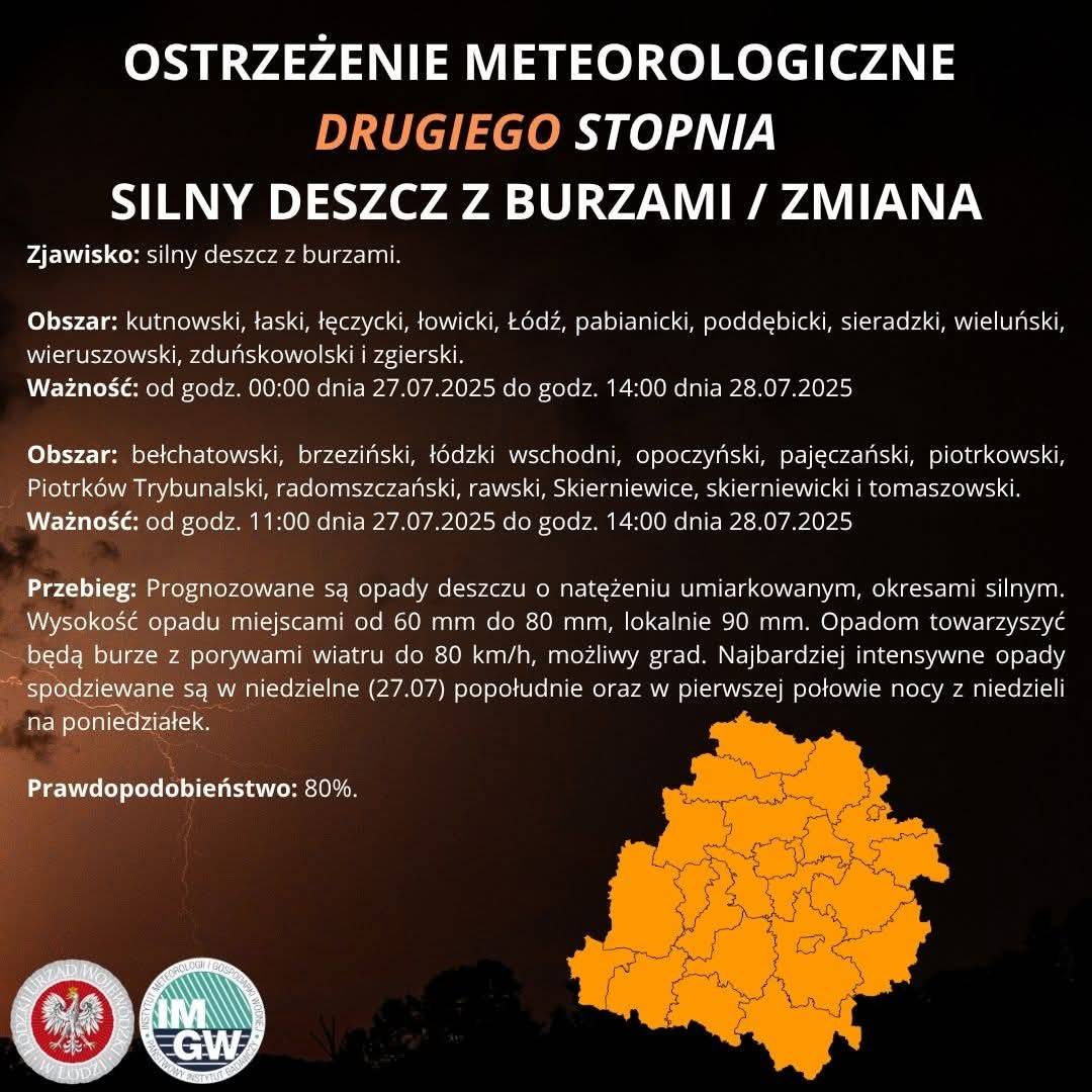 Ostrzeżenie meteorologiczne II stopnia SILNY DESZCZ Z BURZAMI