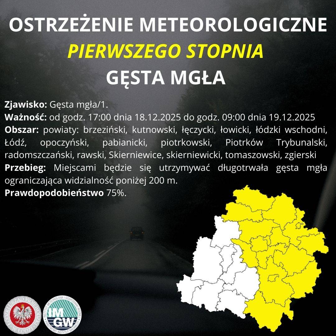 Ostrzeżenie meteorologiczne GĘSTA MGŁA