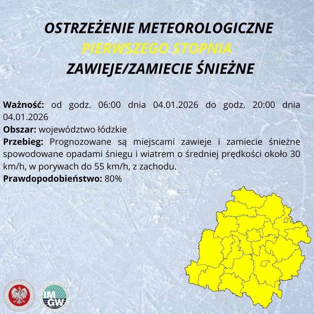 Ostrzeżenie meteorologiczne I stopnia ZAWIEJE I ZAMIECIE ŚNIEŻNE