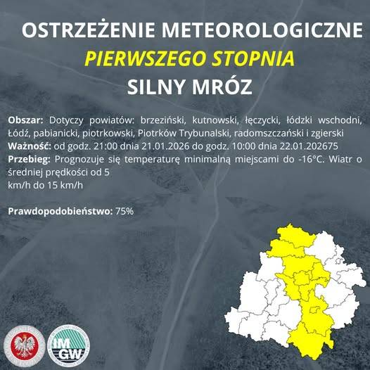Ostrzeżenie meteorologiczne I stopnia SILNY MRÓZ