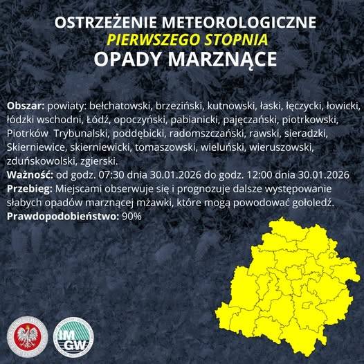 Ostrzeżenie meteorologiczne I stopnia OPADY MARZNĄCE