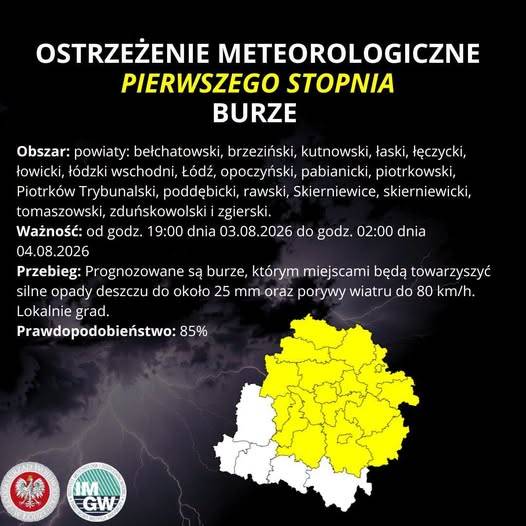 Ostrzeżenie meteorologiczne I stopnia BURZE