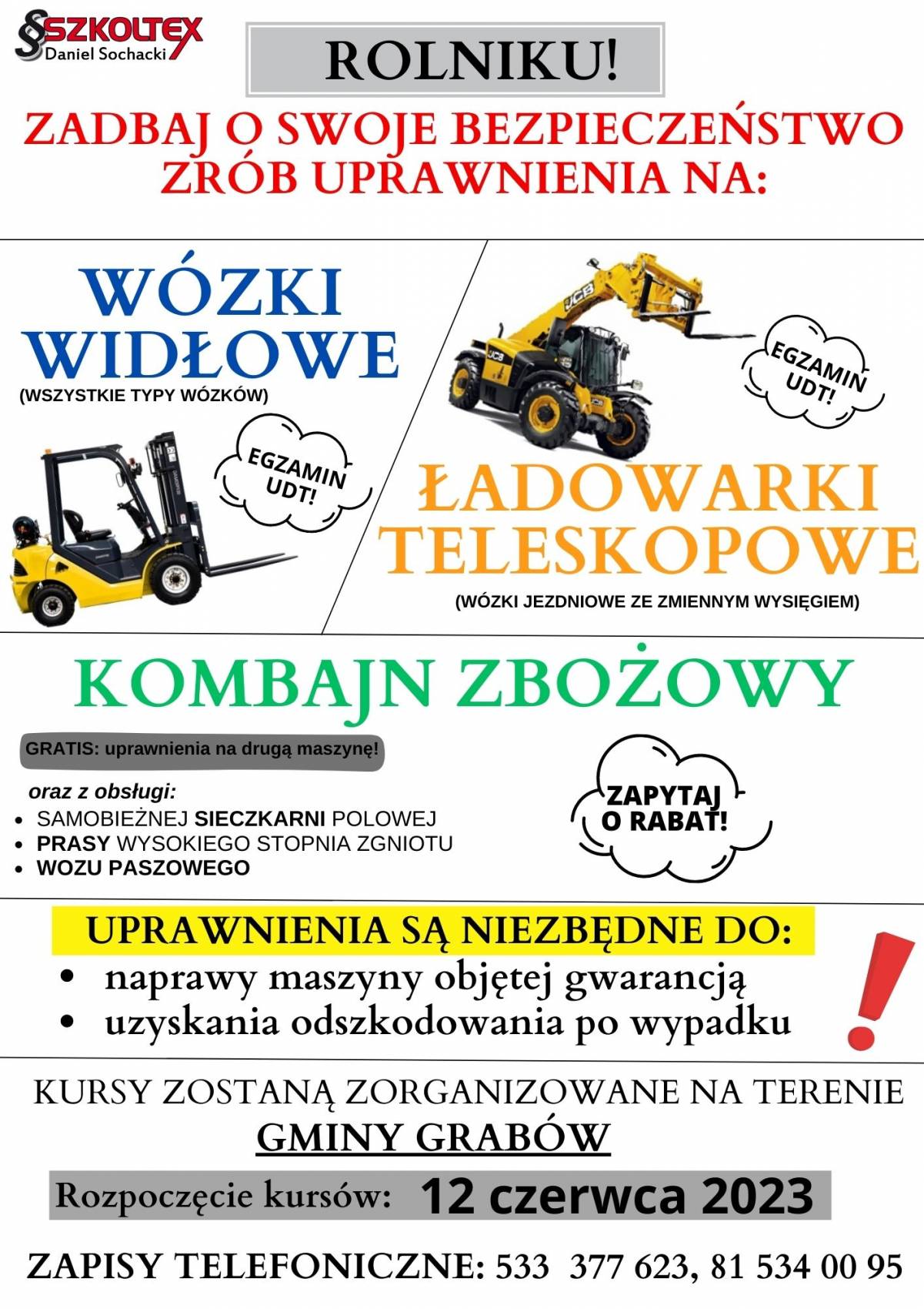 Kursy na wózki widłowe, ładowarki teleskopowe oraz kombajny zbożowe