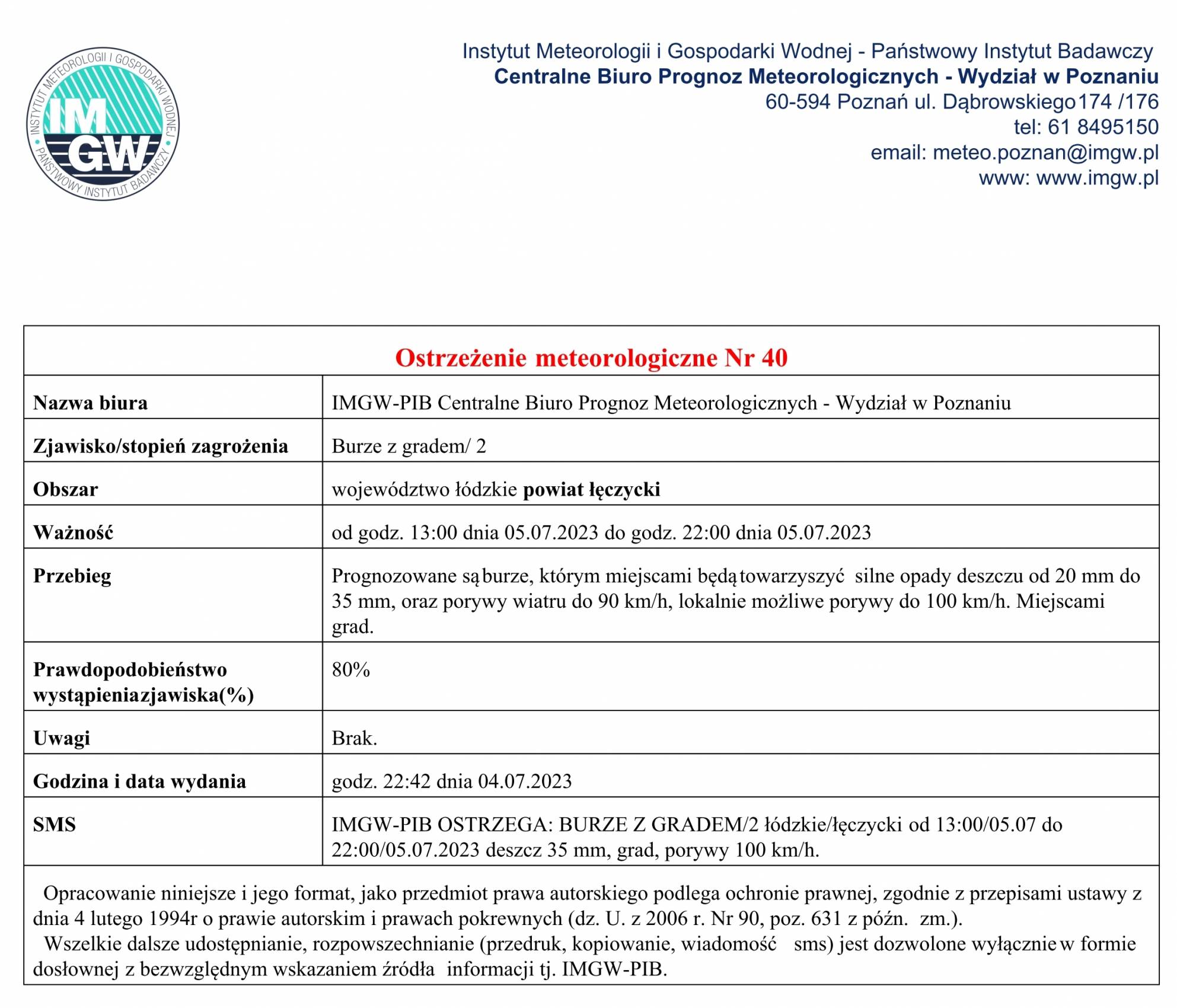 Ostrzeżenie meteorologiczne Nr 40