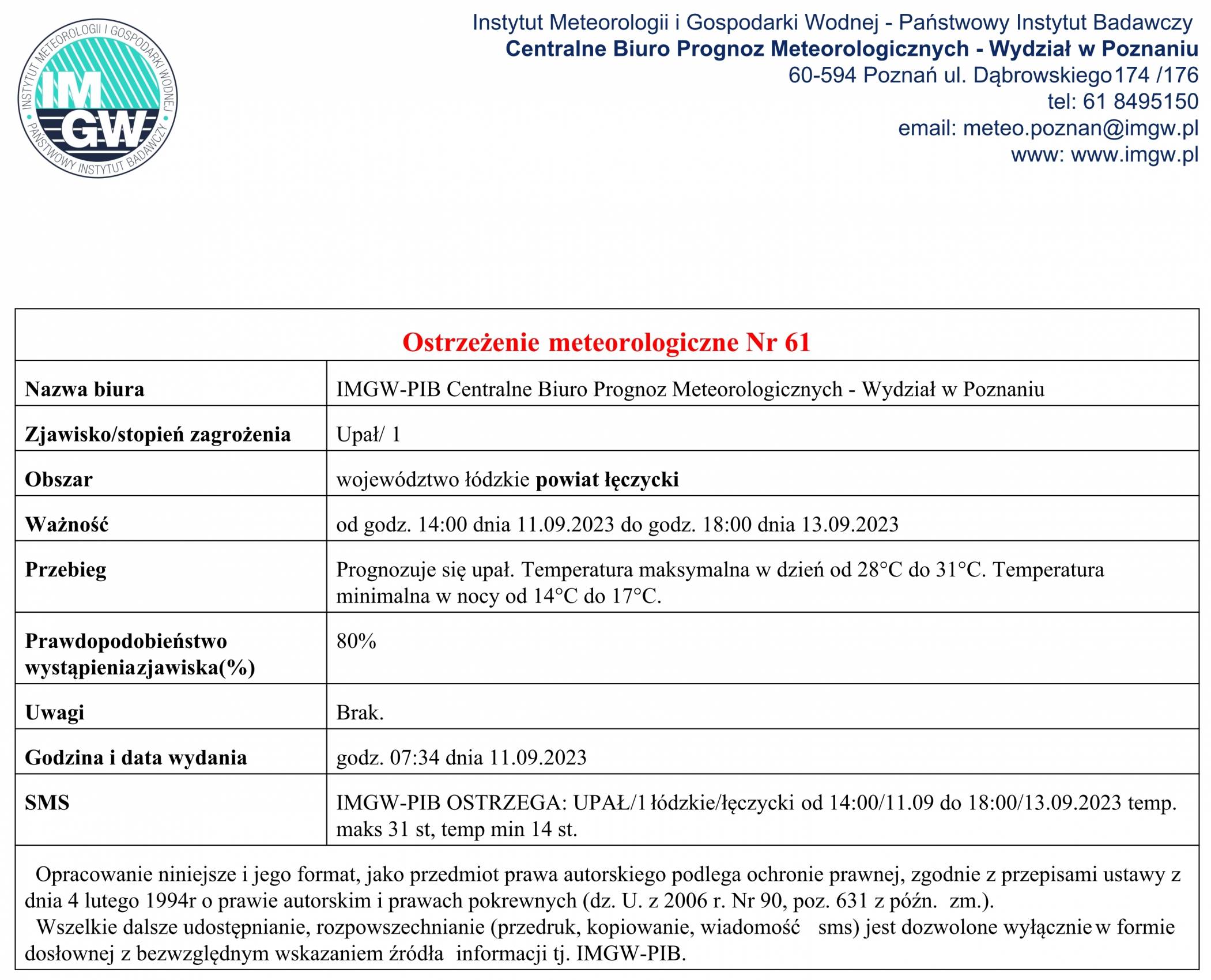 Ostrzeżenie meteorologiczne Nr 61