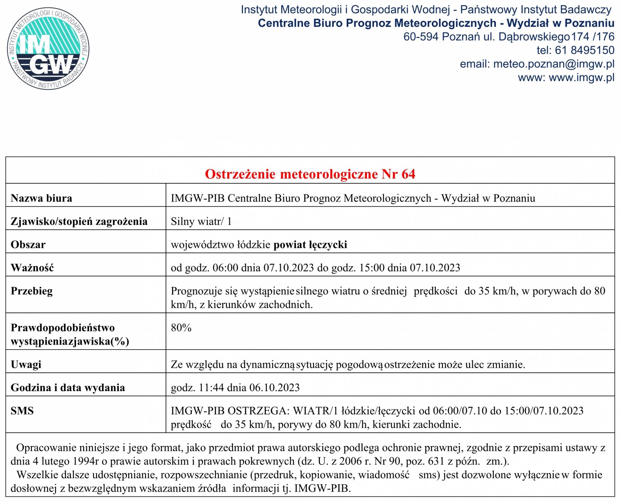 Ostrzeżenie meteorologiczne Nr 64