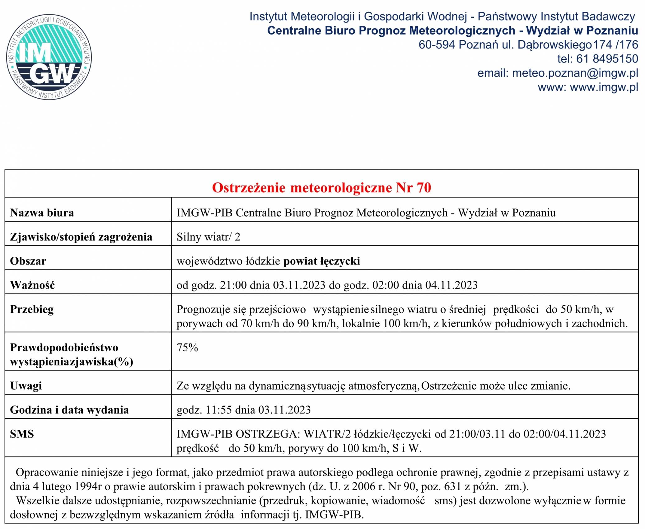 Ostrzeżenie meteorologiczne Nr 70