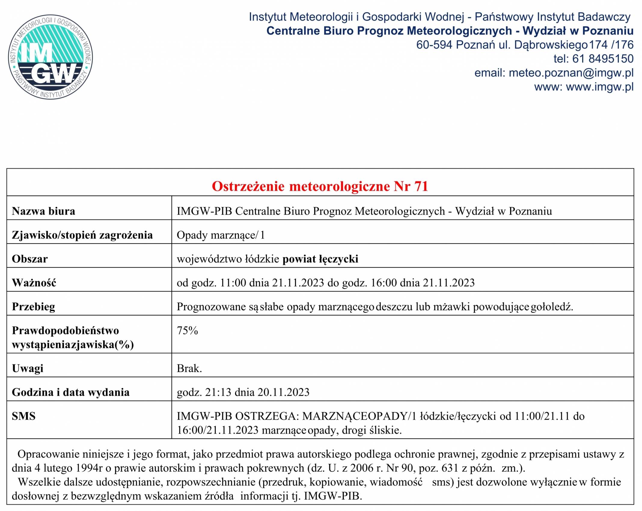 Ostrzeżenie meteorologiczne Nr 71