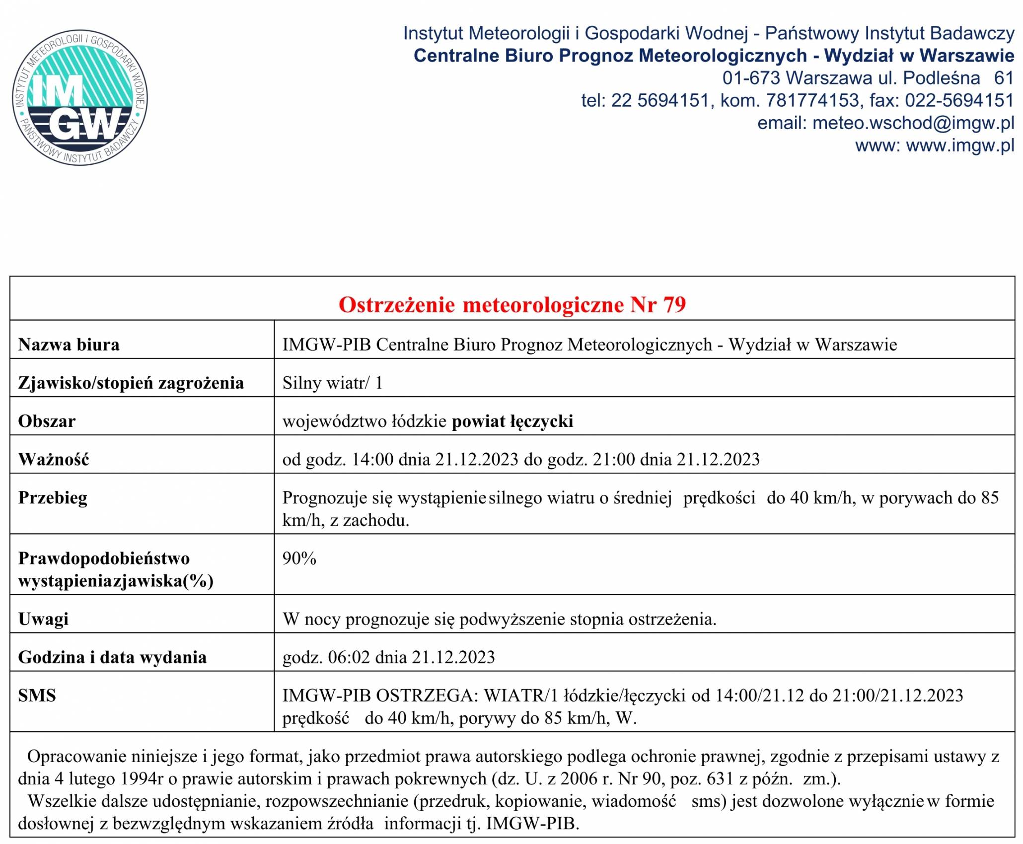 Ostrzeżenie meteorologiczne Nr 79