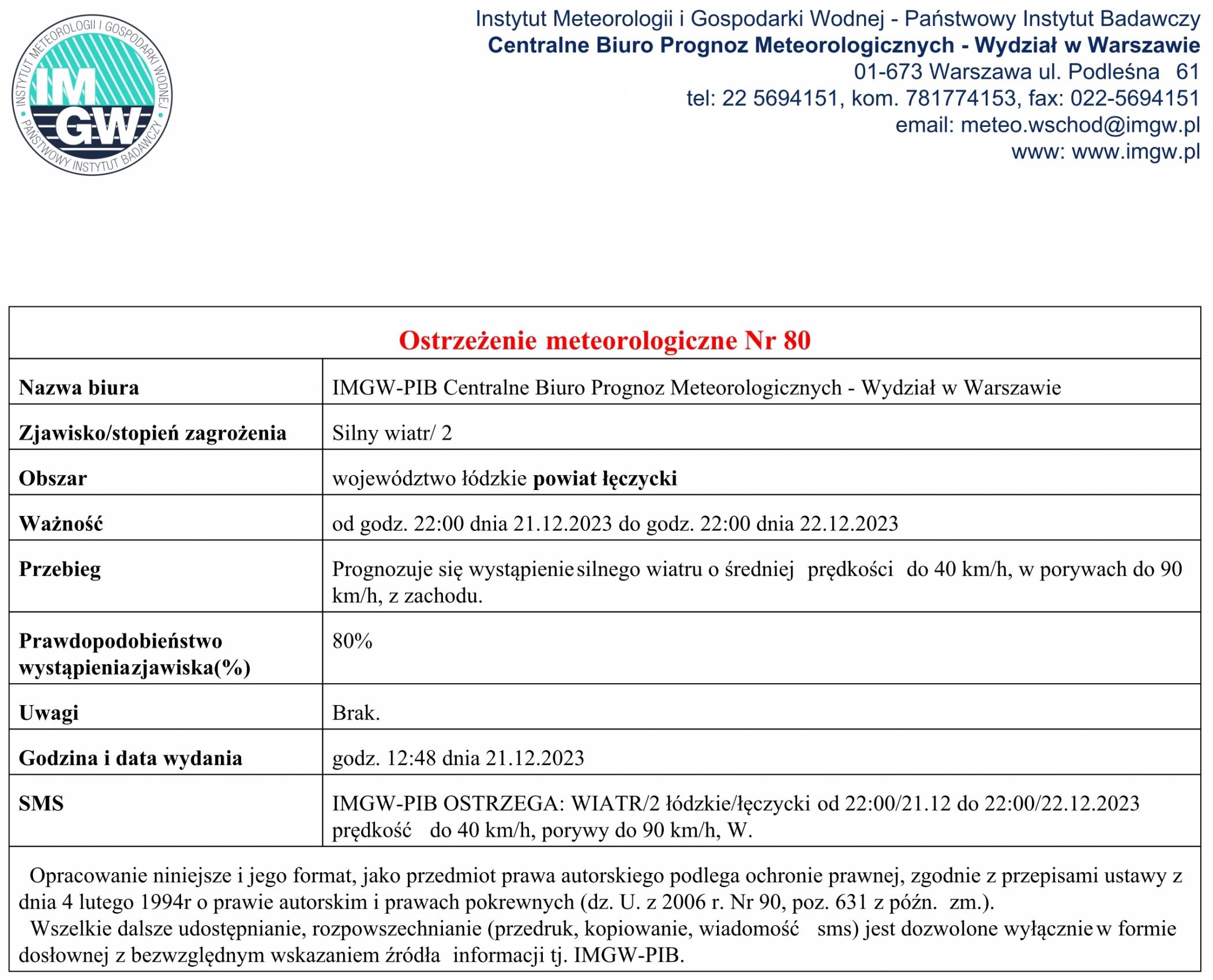 Ostrzeżenie meteorologiczne Nr 80