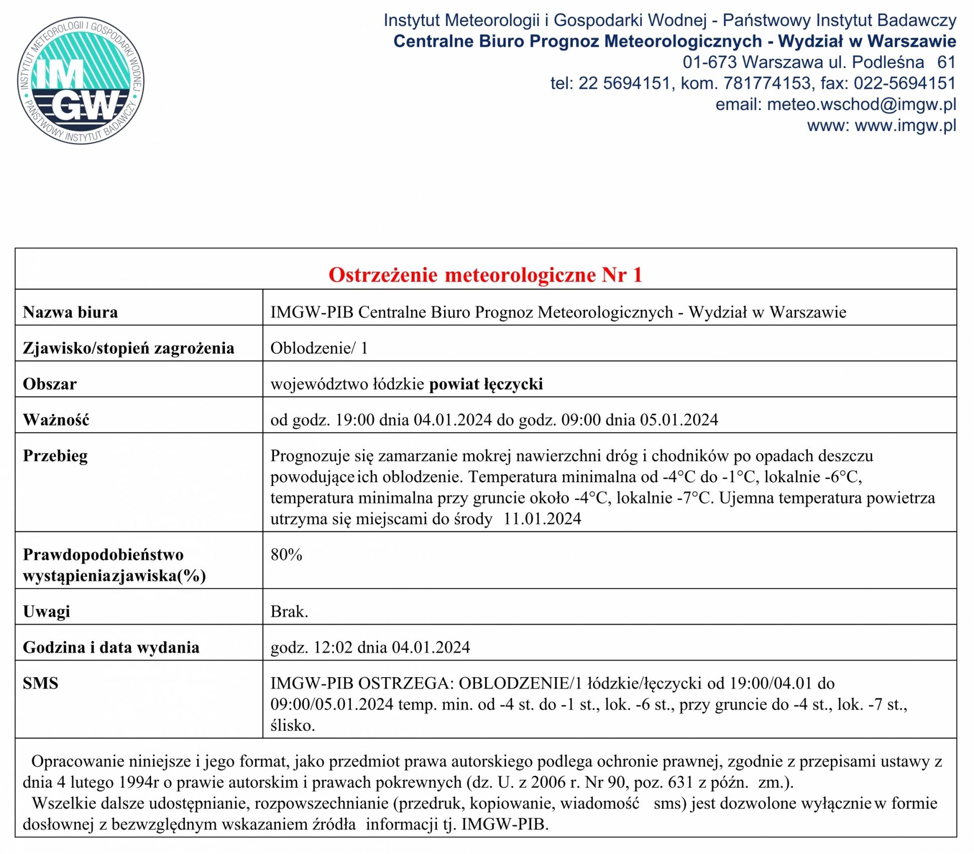 Ostrzeżenie meteorologiczne Nr 1