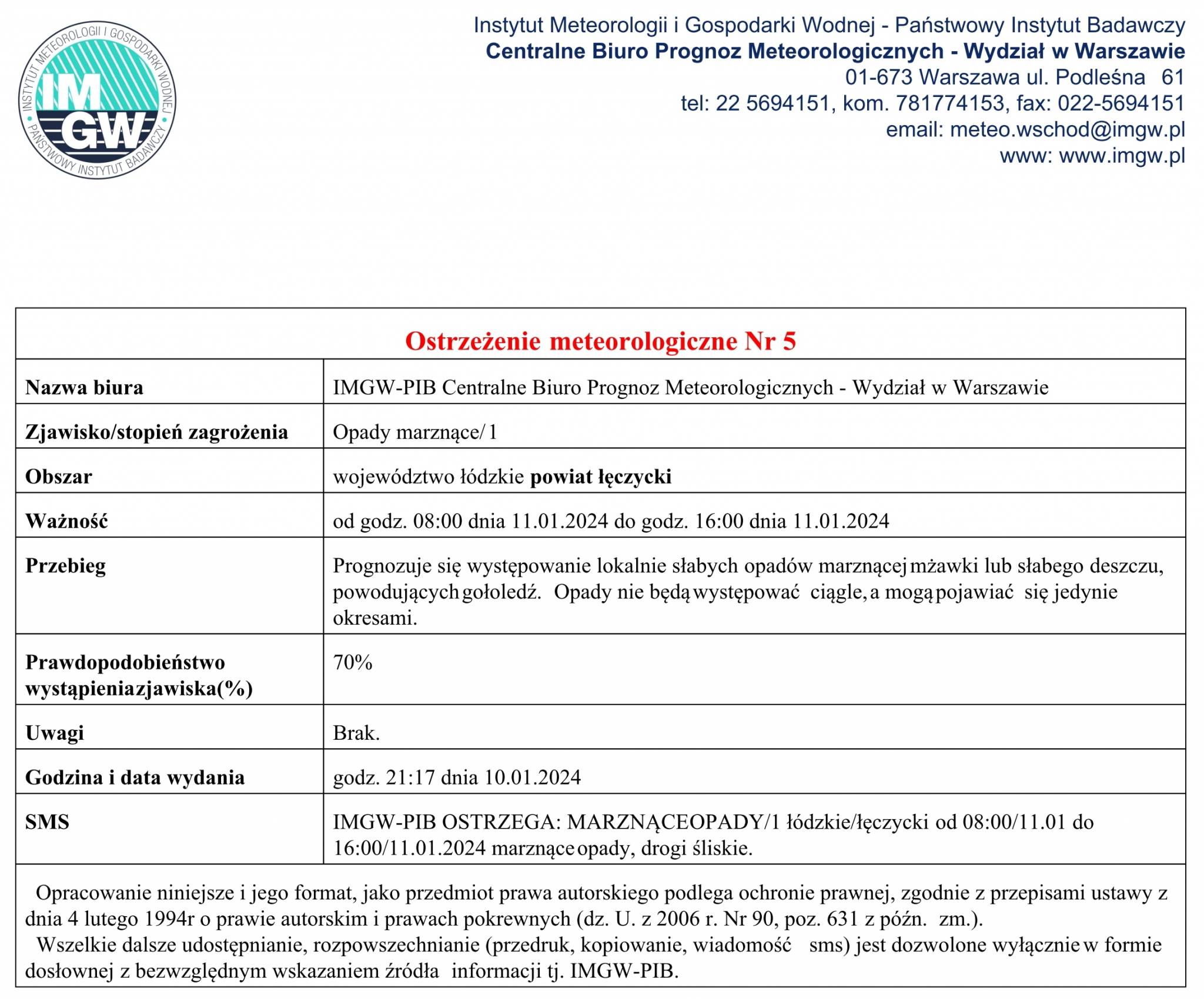 Ostrzeżenie meteorologiczne Nr 5