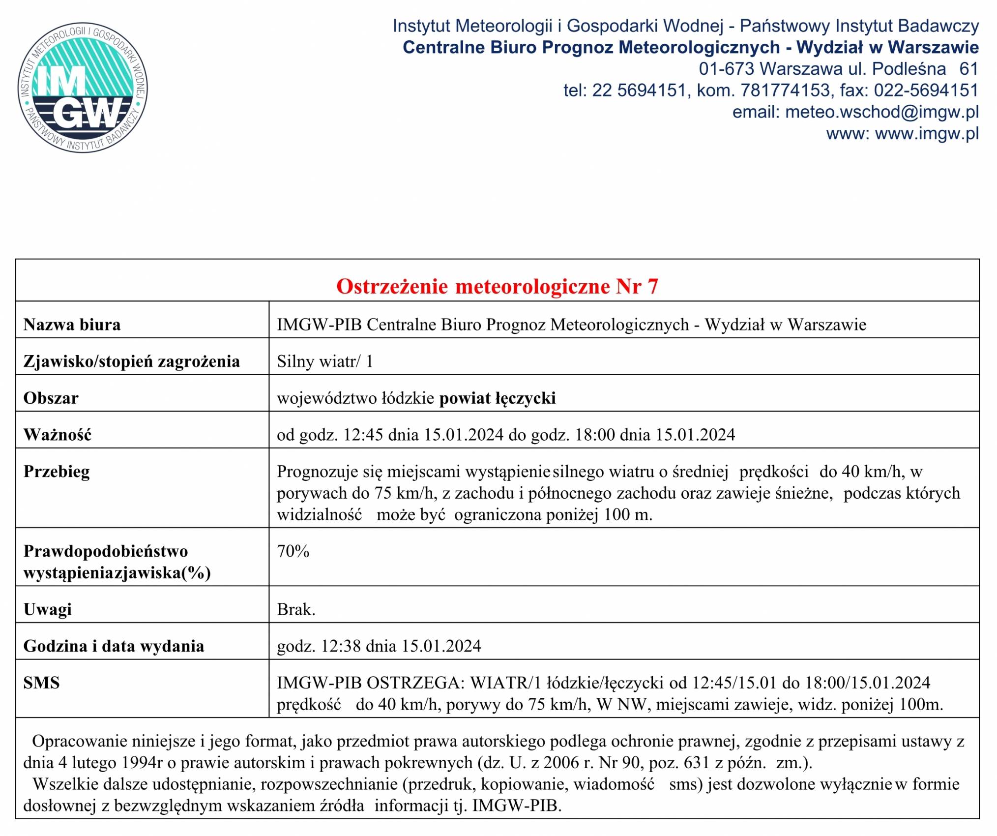 Ostrzeżenie meteorologiczne Nr 7