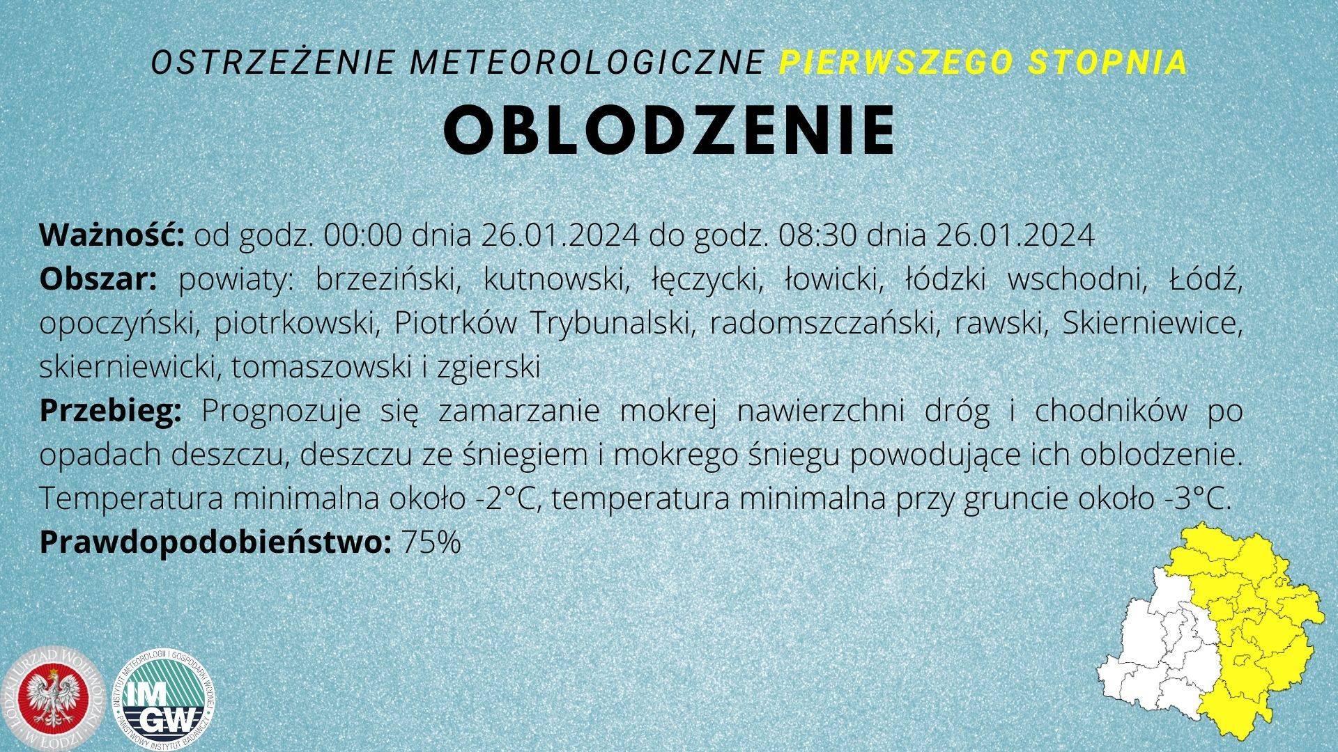 Ostrzeżenie meteorologiczne I stopnia Oblodzenie