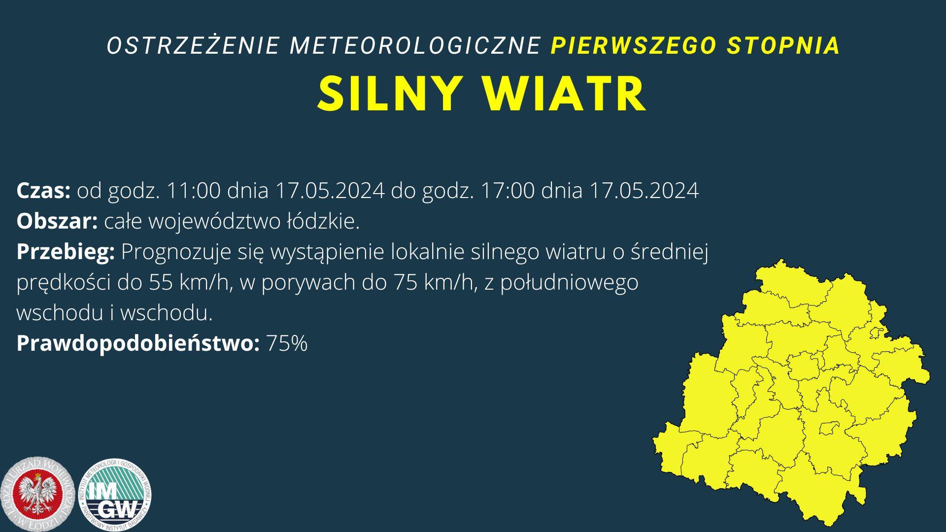 Ostrzeżenie meteorologiczne I stopnia Silny wiatr